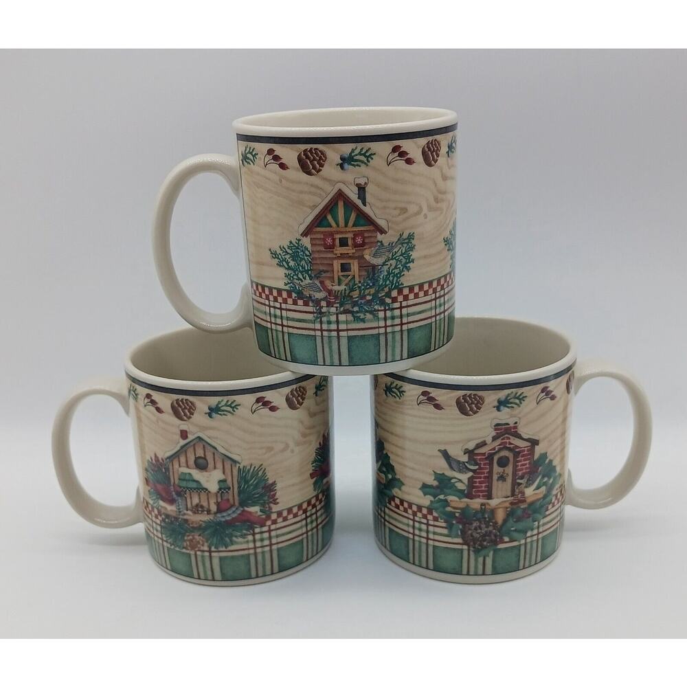 3 Debbie Mumm Coffee Mugs Sakura Winter Birds Pine Cones Birdhouses Plaid
